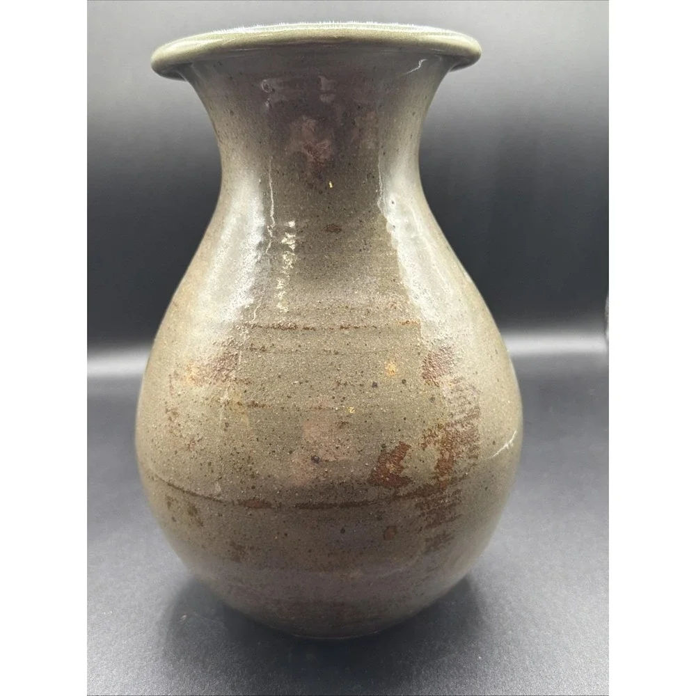VTG Hand Made Studio Pottery Vase Green Signed bf '74  9x7 In